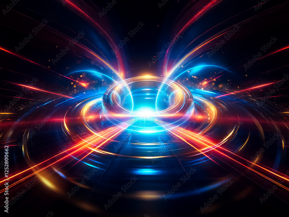Aufkleber Glowing blue and gold rings float on a dark surface, surrounded by shimmering particles.  The concentric circles create a mesmerizing, futuristic effect.