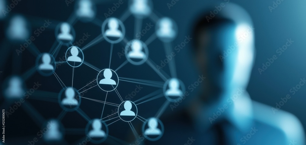 Poster a blurred figure stands behind a network of interconnected user icons, symbolizing social connection