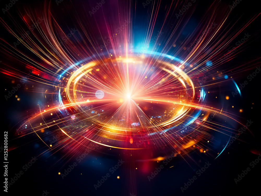Poster intense blue and gold energy swirls in concentric rings, creating a mesmerizing, luminous vortex aga