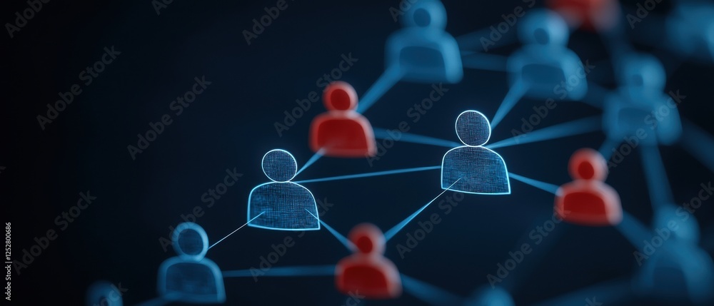 Poster digital representation of social connections, featuring interconnected blue and red user icons again