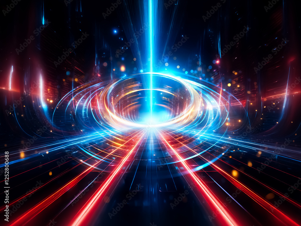 Poster A mesmerizing, glowing ring of gold and blue metallic circles, surrounded by sparkling particles, floats in dark space.  The concentric circles create a sense of depth and energy.