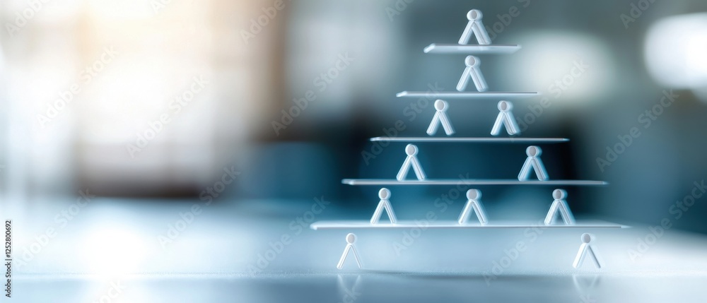Poster a minimalist representation of a pyramid structure with small figures, symbolizing teamwork, hierarc