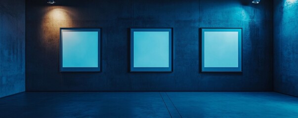 Gallery wall mockups, blue lit concrete room, empty frames