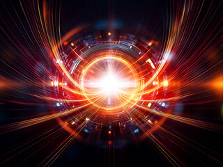 A futuristic, glowing orb pulses with vibrant orange and blue energy.  Its intricate metallic casing suggests advanced technology. The central light source emits a bright beam.