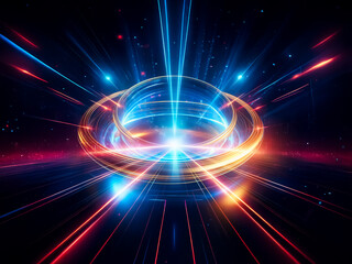 Obraz premium Two luminous rings, gold and blue, intersect, radiating light against a dark background. The glowing circles create a dynamic, ethereal effect.