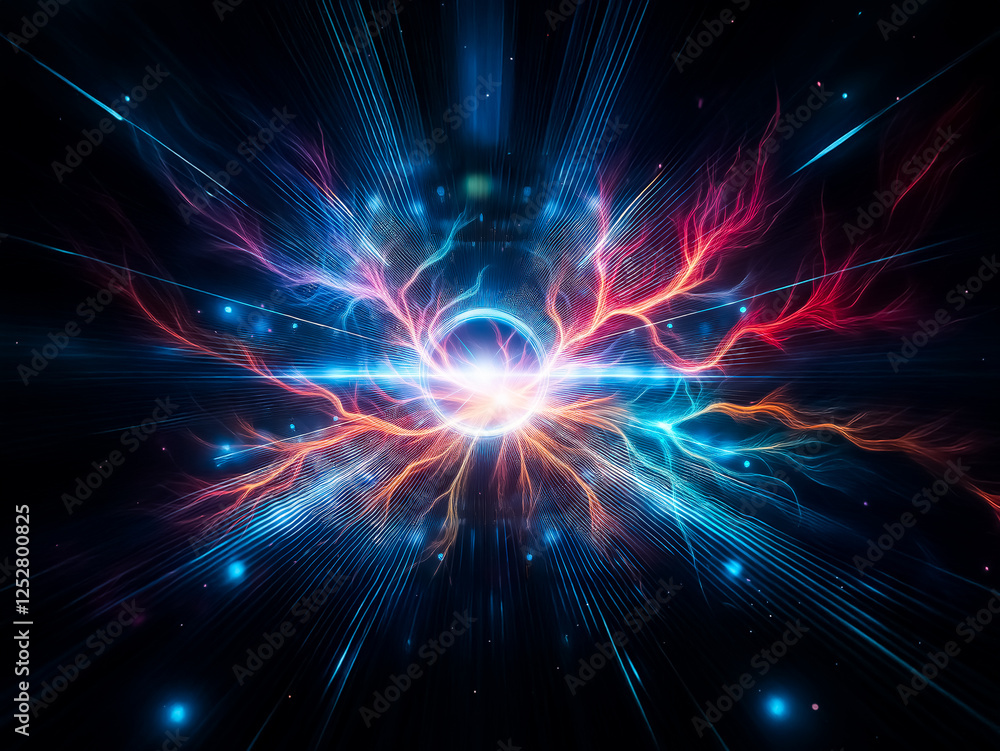 Aufkleber abstract digital art depicting a glowing blue ring at the center of converging light streaks in a da