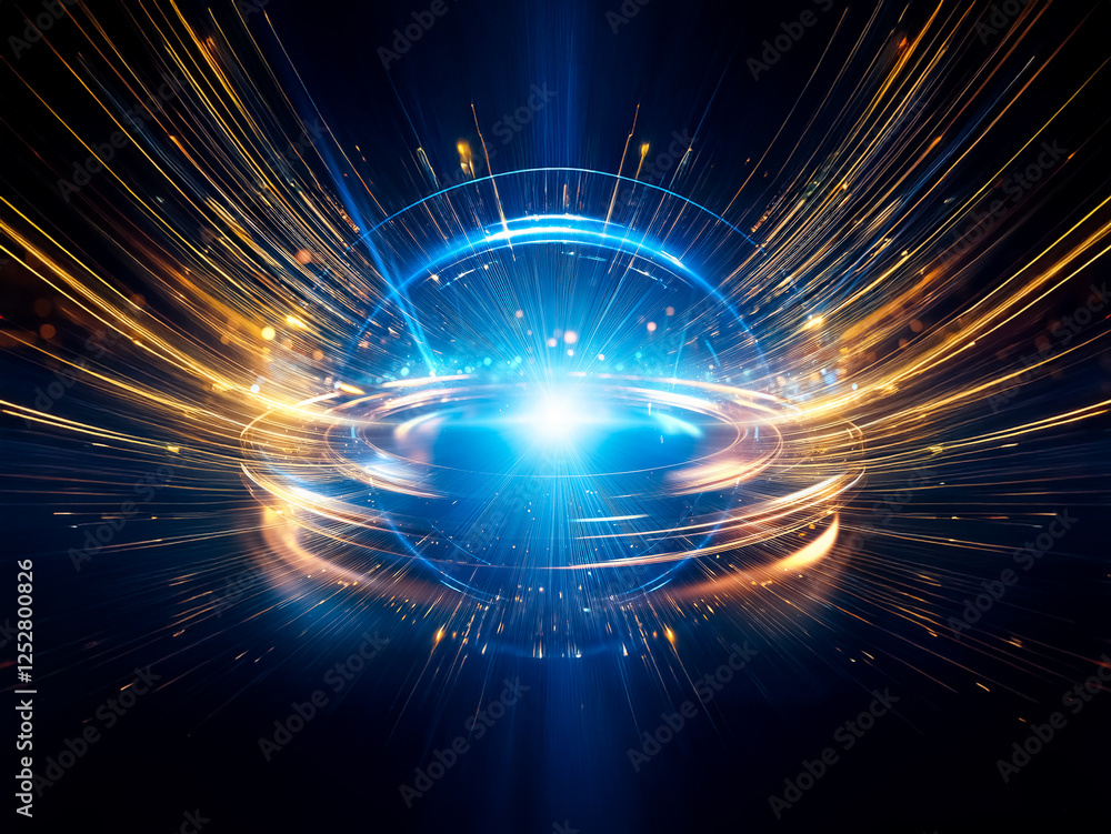 Aufkleber glowing circular platform with blue and gold light rays emanating from its center, set against a dar