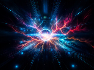 Fototapeta premium Abstract digital art depicting a glowing blue ring at the center of converging light streaks in a dark space. The image evokes a sense of speed and futuristic technology.