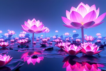 Glowing Lotus Lake – Tranquil lake with floating neon lotus flowers casting dreamy reflections. 3d render