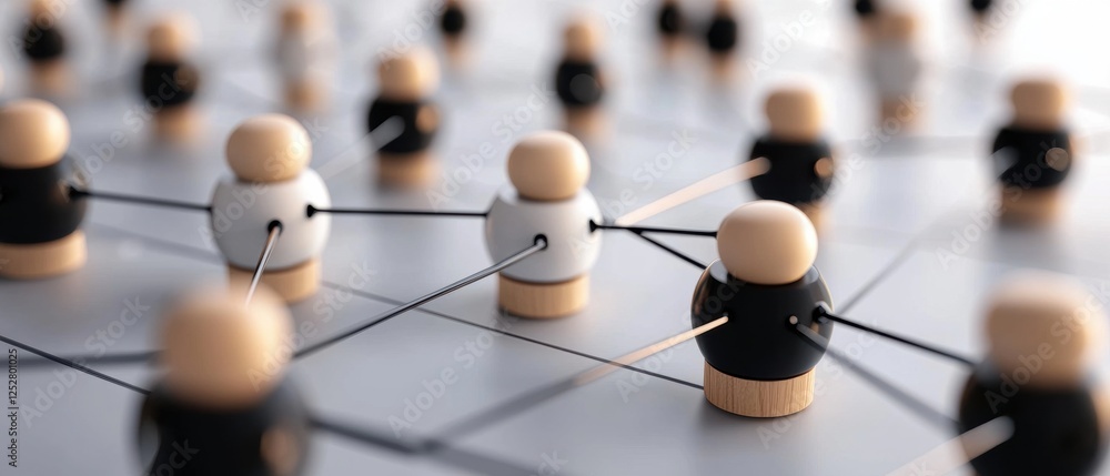 Poster a close-up of wooden figures connected by lines, representing a network or social connections, empha