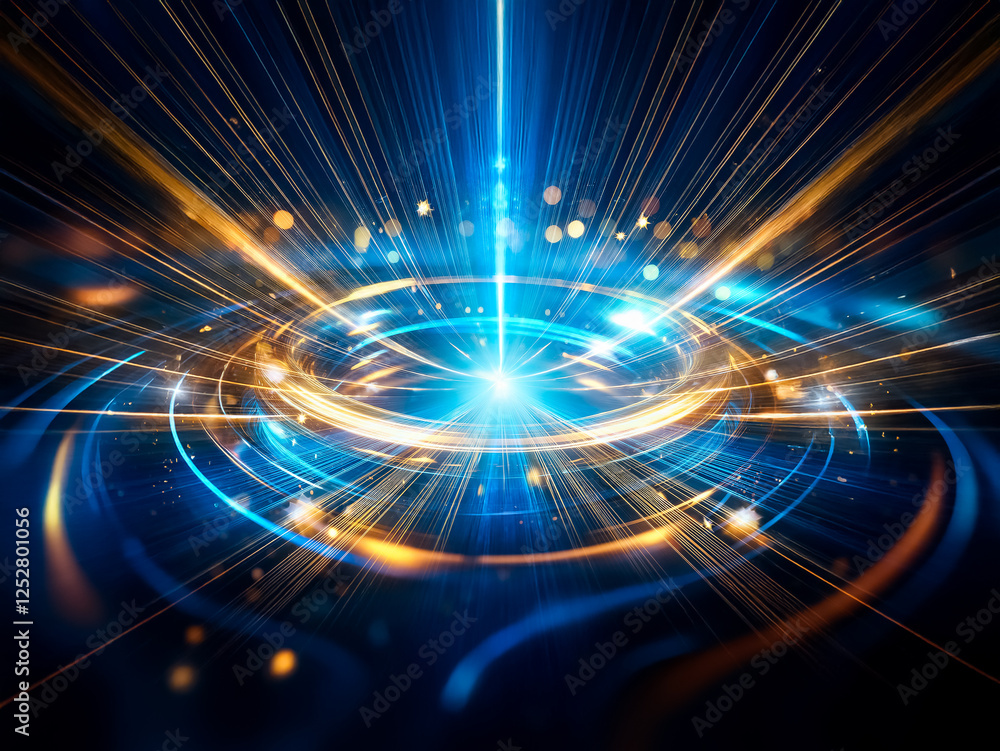 Poster A dynamic abstract image shows a central burst of bright blue and orange light radiating outward. Circular waves and linear beams create a sense of powerful energy and motion.