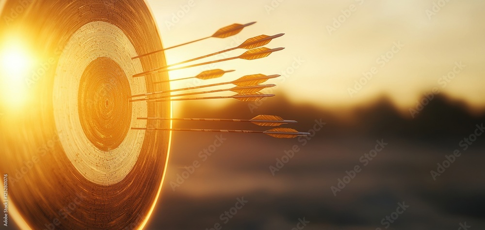 Poster a close-up of a target with arrows embedded, illuminated by sunlight, showcasing precision and focus