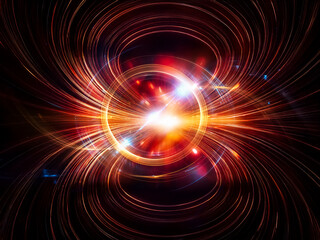 Obraz premium Glowing gold and blue ring encircled by swirling energy, set against a dark background. Suggests power, technology, and cosmic energy.
