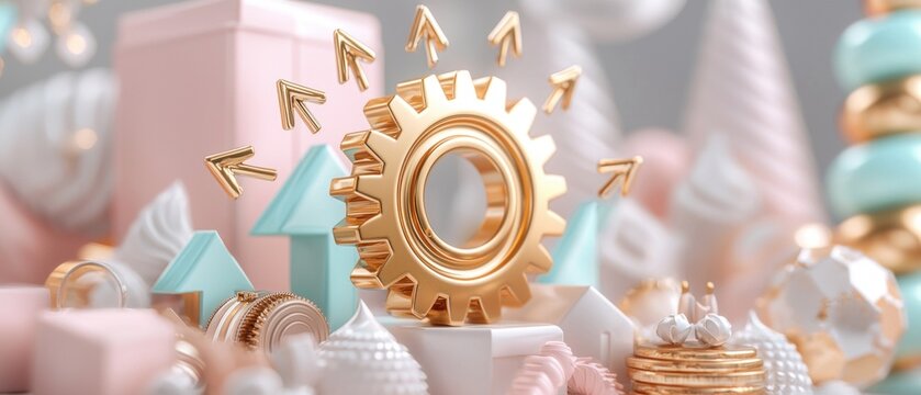 A visually appealing arrangement featuring golden gears and pastel-colored geometric shapes, creating a whimsical, creative atmosphere.
