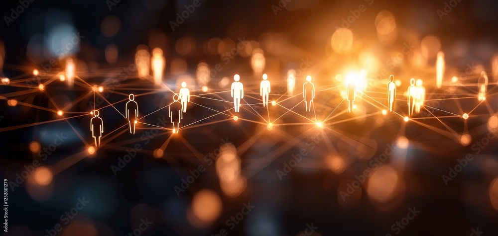 Poster a digital network connecting human figures with glowing nodes, symbolizing interaction and communica