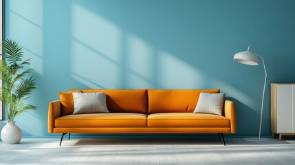 Sunny orange sofa in blue room interior design