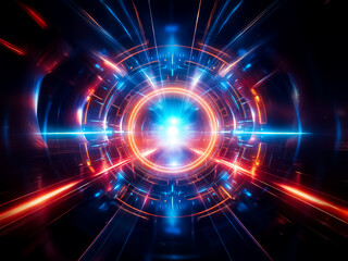 Obraz premium A futuristic, circular device glows with vibrant orange and blue energy, radiating light from its core. The intricate metallic design suggests advanced technology and power.