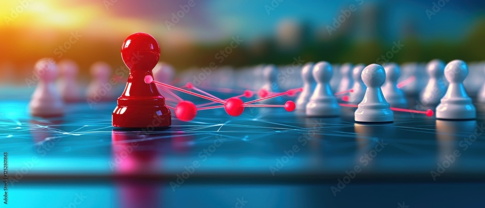 Poster a vibrant image of a red game piece positioned among white pieces, connected by lines, symbolizing s