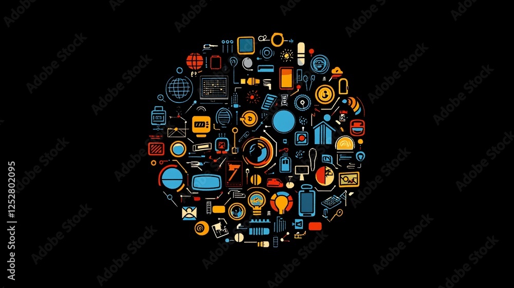 Poster global network of technology and innovation: a circular visualization of modern gadgets and digital 