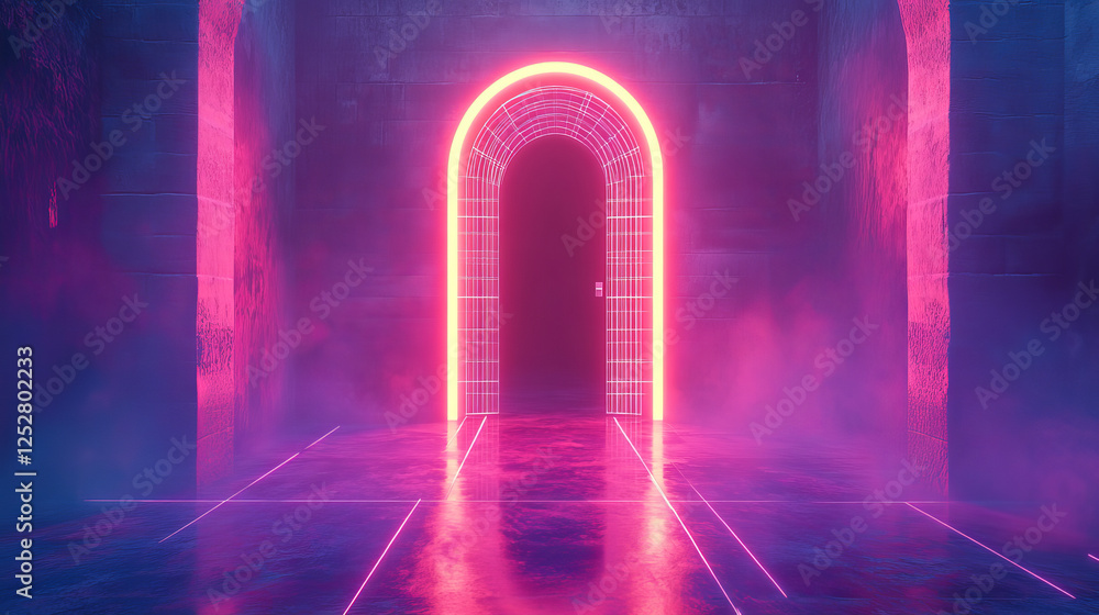 Aufkleber neon synthwave game background with arch and retro grid. cyber space retrowave abstract vaporwave wi