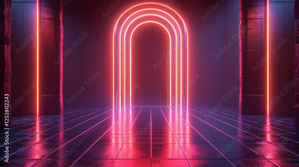 Poster neon synthwave game background with arch and retro grid. cyber space retrowave abstract vaporwave wi