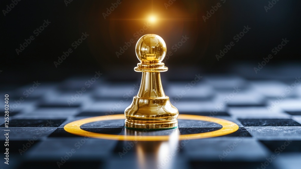 Poster a golden pawn stands prominently on a chessboard, illuminated by a soft glow, symbolizing strategy a