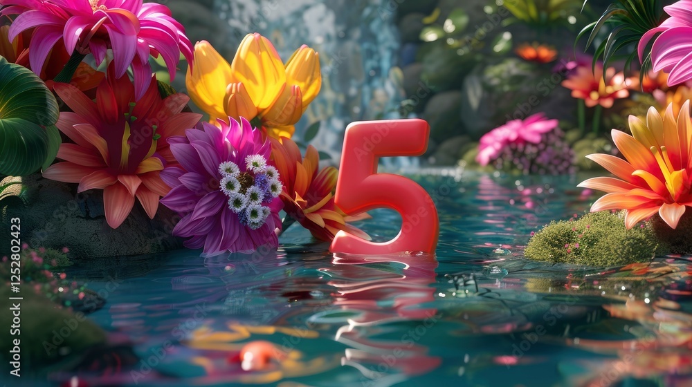 Aufkleber number 5 on the background of flowers floating in the water. 3d rendering