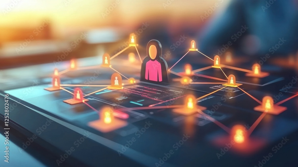 Poster a digital network with glowing connections and a central figure, representing communication and tech