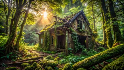 Abandoned House Ruins in Forest - Deep Depth of Field Stock Photo