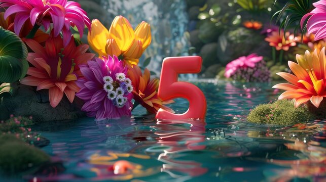 Number 5 on the background of flowers floating in the water. 3d rendering