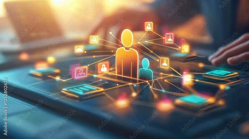 Poster a digital interface showcasing interconnected users, symbolizing networking and communication in a t