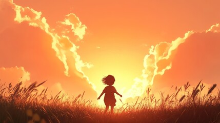 Silhouette of a child standing in a field at sunset, surrounded by tall grass, with vibrant clouds