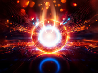 Obraz premium A luminous sphere emits radiant energy, surrounded by dynamic bokeh lights and lines creating an abstract, vibrant, futuristic and digital scene.