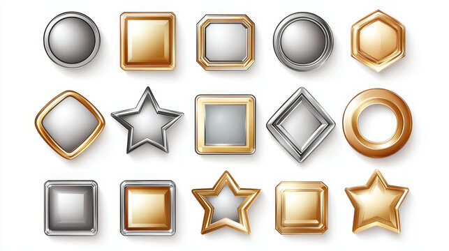 Empty silver frames for game award labels for win or achievement.Vector cartoon set of metal fantasy borders for buttons different shapes isolated on background