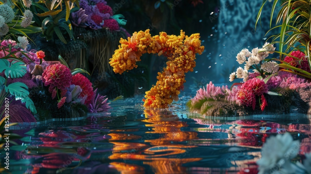 Aufkleber 3d rendering of number 7 made of colorful flowers floating in water
