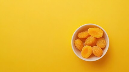 Dried Apricots in White Bowl on Yellow Background. Flat Lay with Space for Text or Caption, Healthy Snack and Fruit Concept