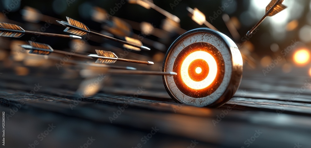 Poster a dynamic image of a target with arrows flying towards it, emphasizing precision and focus in archer
