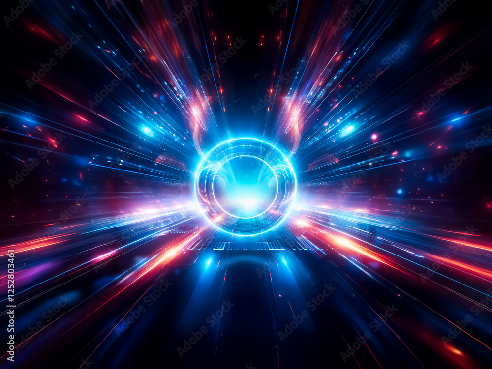 Poster vibrant blue circle emits streaks of red and blue light, creating a dynamic burst of energy and a fu