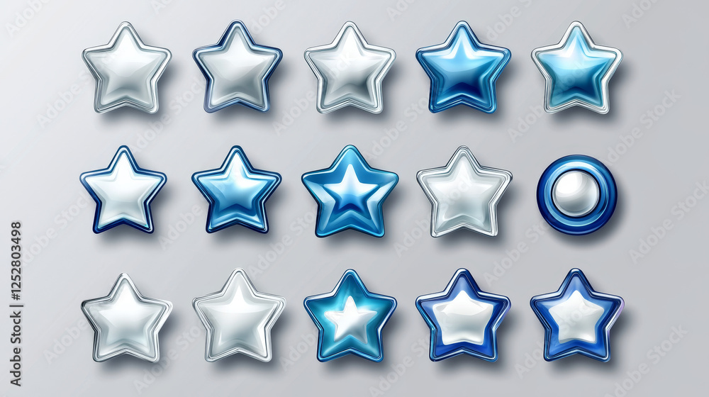 Poster game icon of rating star colored in blue and silver. vector sprite sheet with button changes color. 