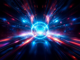 Obraz premium Vibrant blue circle emits streaks of red and blue light, creating a dynamic burst of energy and a futuristic, high-speed tunnel effect on a dark backdrop.