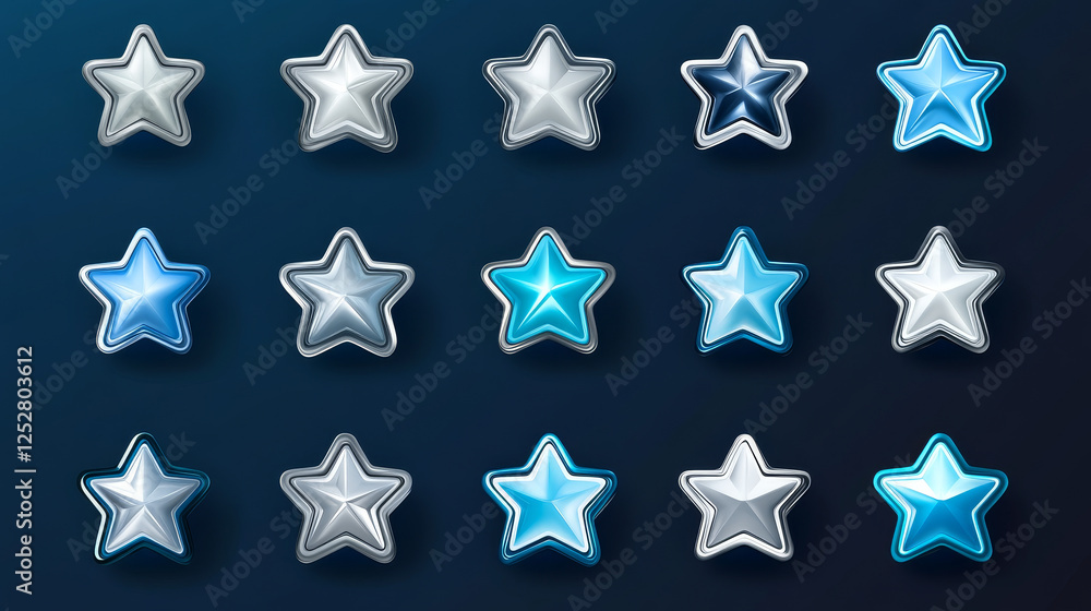 Poster game icon of rating star colored in blue and silver. vector sprite sheet with button changes color. 