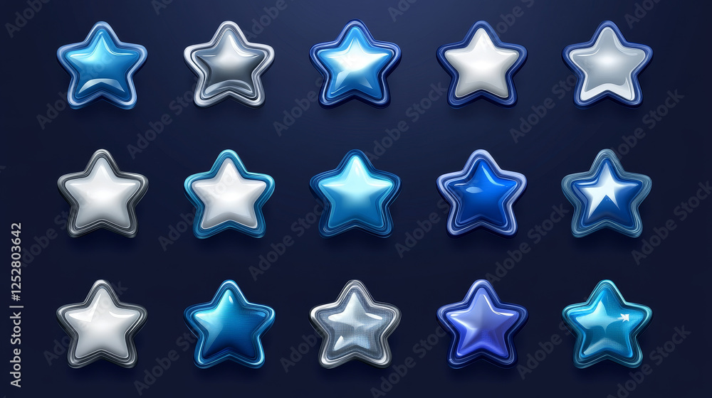 Poster game icon of rating star colored in blue and silver. vector sprite sheet with button changes color. 
