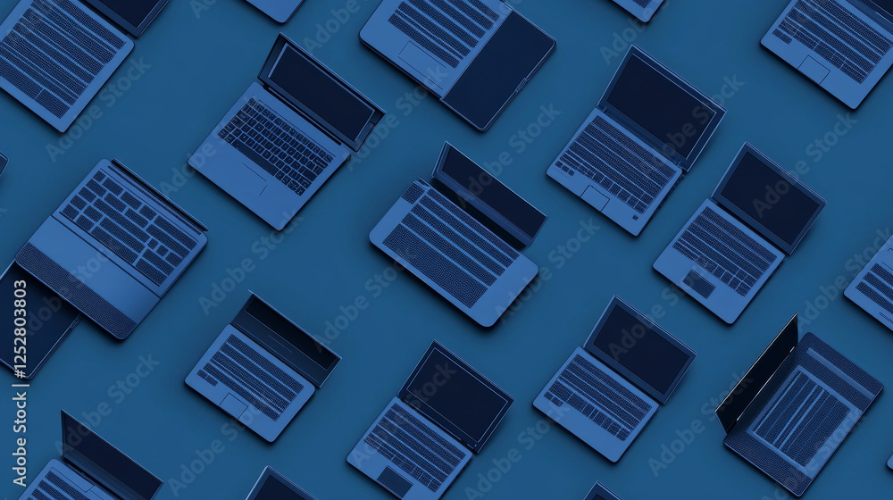 Poster seamless pattern with isometric modern laptops, notebook computers on blue background. technology wa