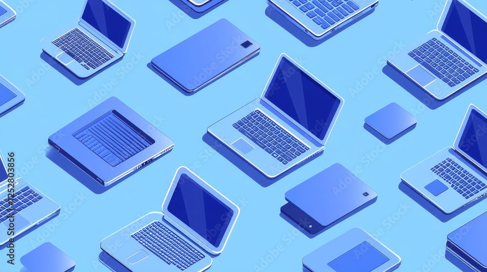 Poster seamless pattern with isometric modern laptops, notebook computers on blue background. technology wa