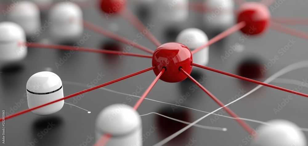 Poster a digital network visualization with red and white nodes connected by lines, representing connectivi