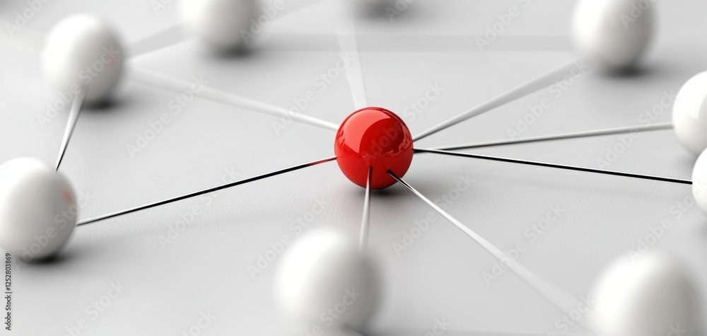 Poster a central red sphere connected to surrounding white spheres by lines, symbolizing network connection