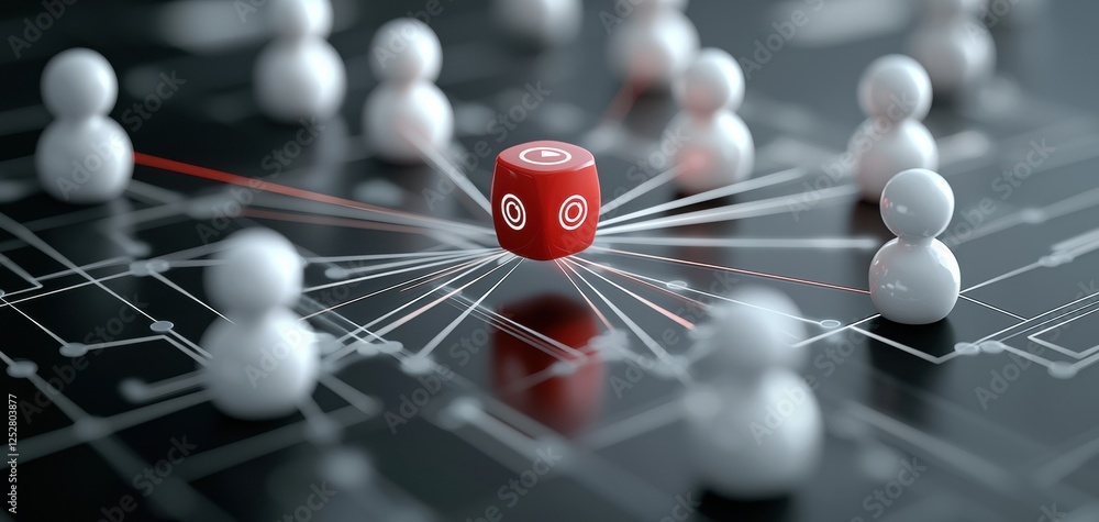 Poster a focus point surrounded by connected icons, illustrating concepts of networking, strategy, or decis