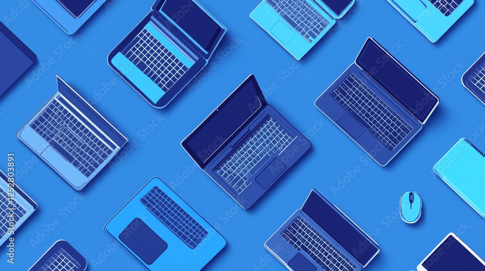 Poster seamless pattern with isometric modern laptops, notebook computers on blue background. technology wa