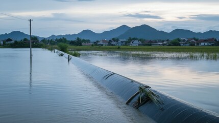 A serene landscape shows a flooded area with a pipeline, mountains in the background, under a cloudy sky at dusk.