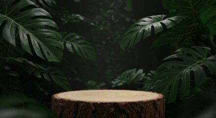 A close-up natural tree body podium with a dark tropical forest background featuring large leaves for a premium product shooting scene.

